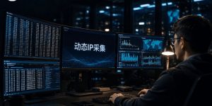 夜间数据采集工作场景，屏幕上显示动态IP采集