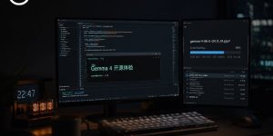 开发者夜间在双显示器前体验Gemma 4开源模型