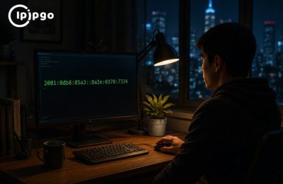 一个人在夜晚的桌前通过代理访问IPv6网站