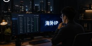 夜晚办公桌前查看海外代理IP列表的工作场景