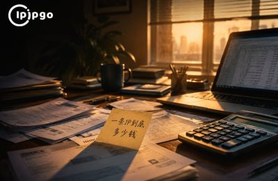 办公桌上散落的账单和计算器，暖光下思考代理IP价格