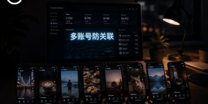 深夜工作室里多部手机同时运营TikTok账号，电脑屏幕显示多账号防关联