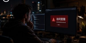 深夜办公室里，程序员面对屏幕上弹出的访问受限警告